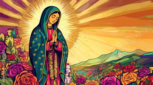 Our Lady of Guadalupe in a Vibrant Floral Landscape with Majestic Mountains at Sunset
