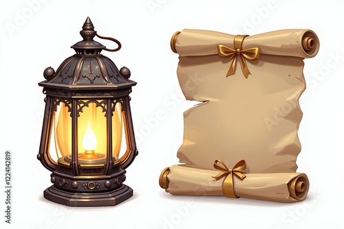 Illuminated Antique Lantern Rolled Parchment Scroll with Golden Bow Game Asset Fantasy Illustration
