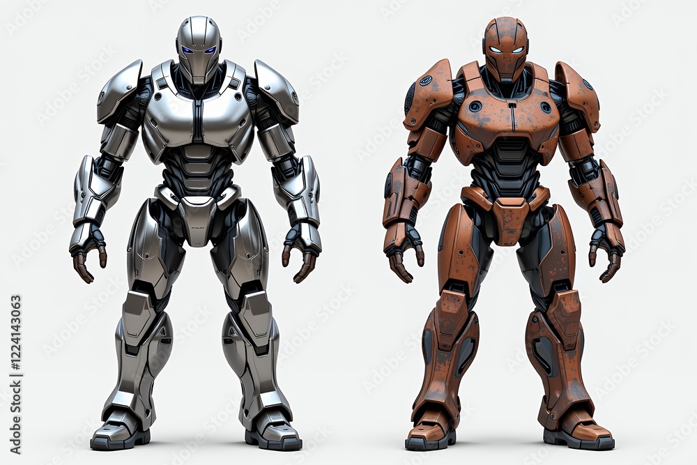 Fototapeta premium Futuristic Armored Robots Silver and Bronze Metal Sci Fi Characters Standing Poses 3D Render