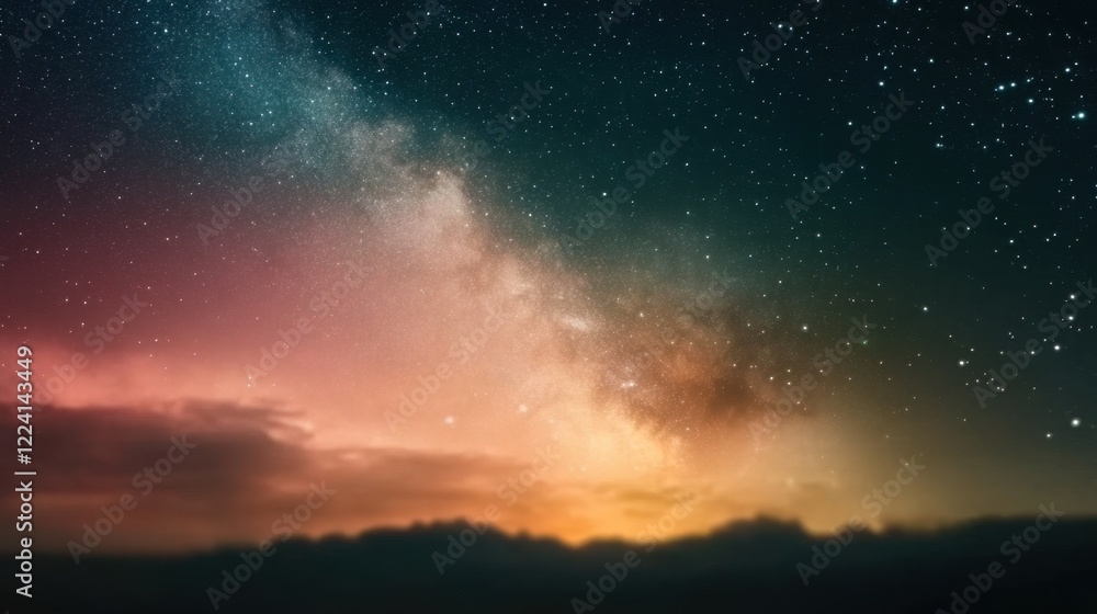 Naklejka premium Stunning Night Sky Over Mountains with Milky Way and Colorful Cosmic Clouds Background