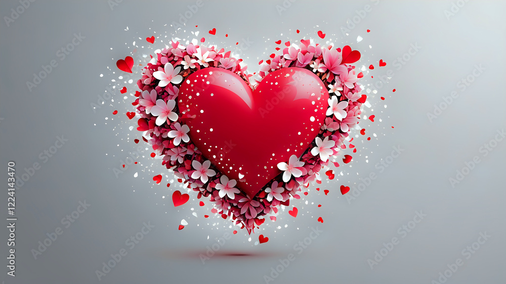 Abstract heart covered with pink, red and white confetti and petals. White background. Abstract heart covered with pink, red and white confetti and petals. White background.