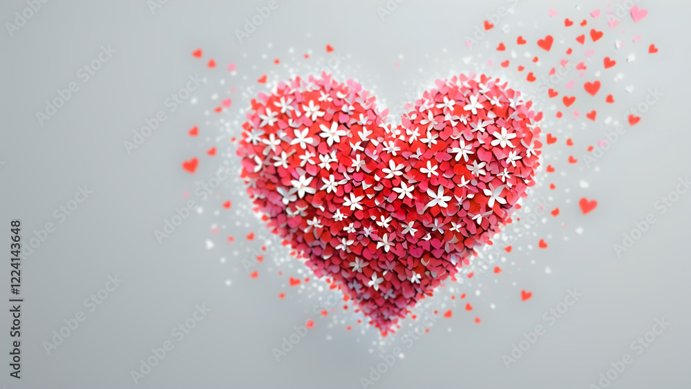 Abstract heart made of pink, red and white confetti and petals. White background. Abstract heart made of pink, red and white confetti and petals. White background.