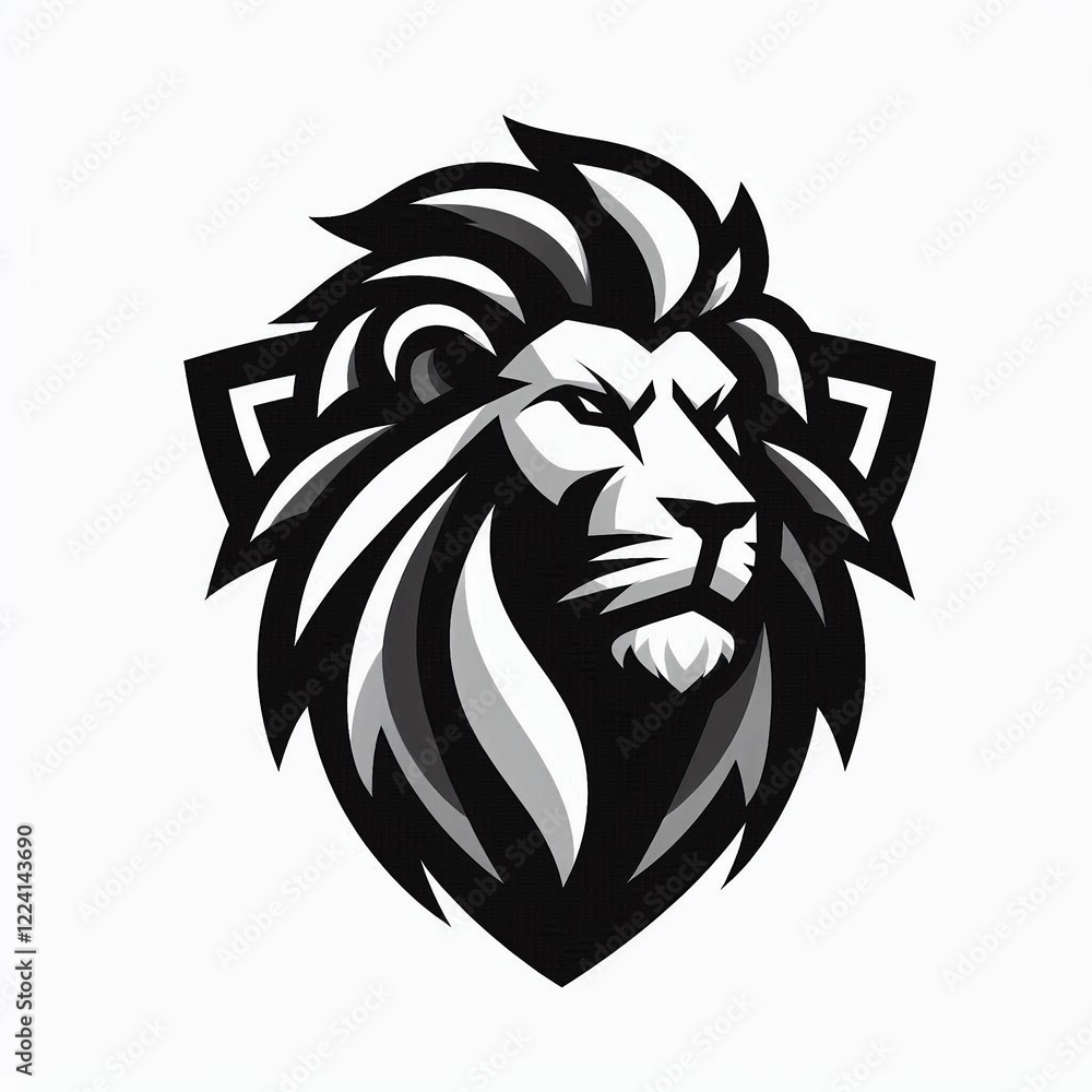 Obraz premium A bold stylized lion logo with a 3D effect, featuring a sharp, dramatic mane, using a bold black outline