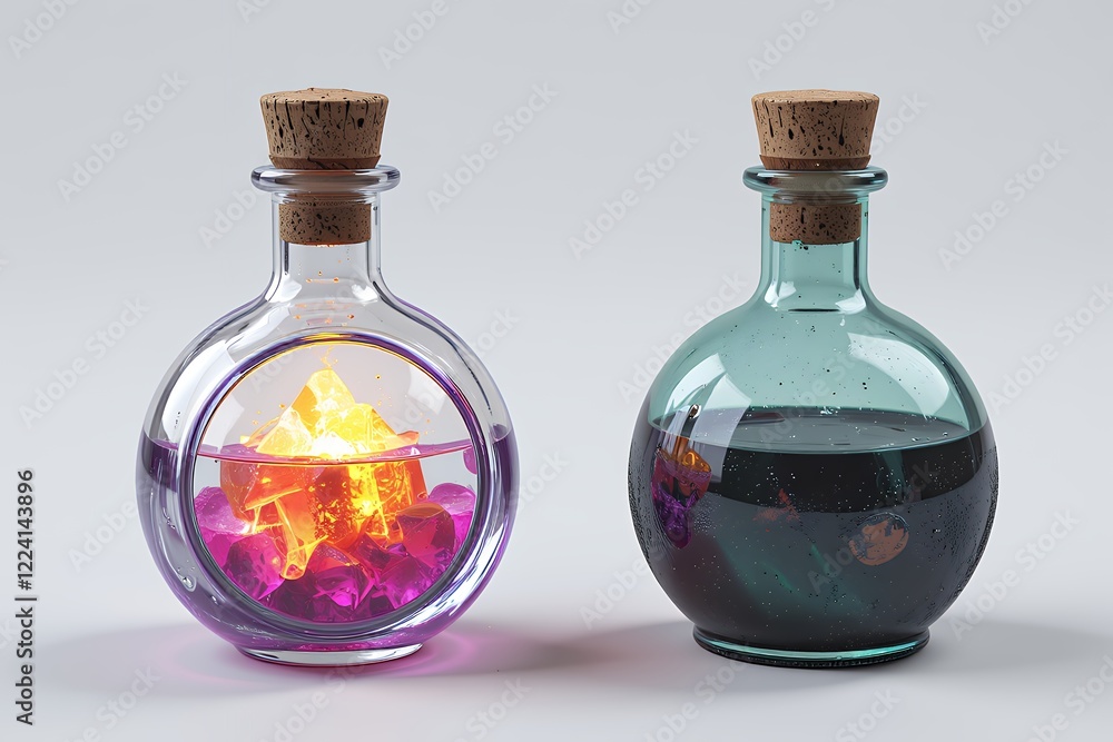 Glowing Crystals in Glass Bottles Magical Potion Fantasy Elixir Cork Stopper Laboratory Science Glowing Crystals in Glass Bottles Magical Potion Fantasy Elixir Cork Stopper Laboratory Science