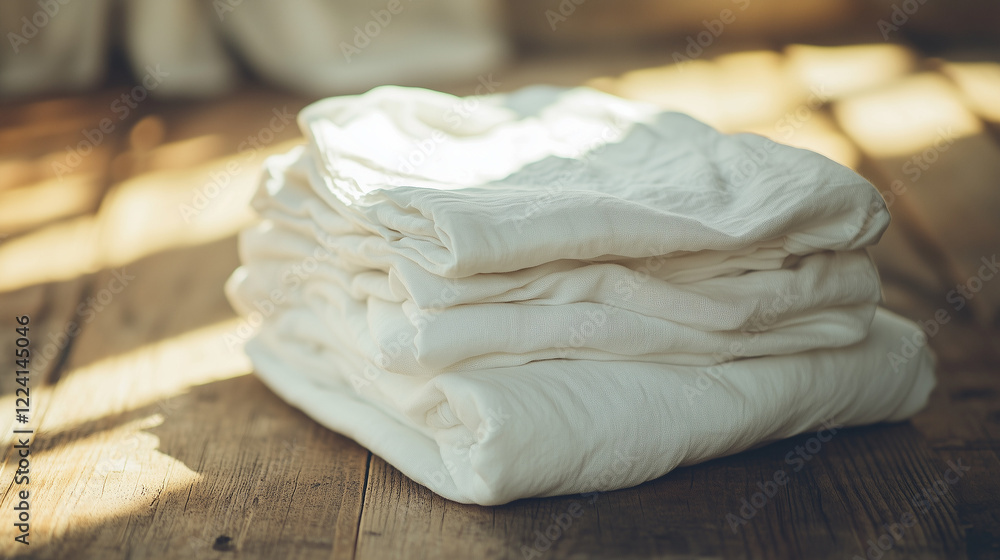 Obraz premium Stack of soft, off-white linen sheets neatly folded on a rustic wooden surface with sunlight streaming in, evoking a warm and natural cozy interior ambiance