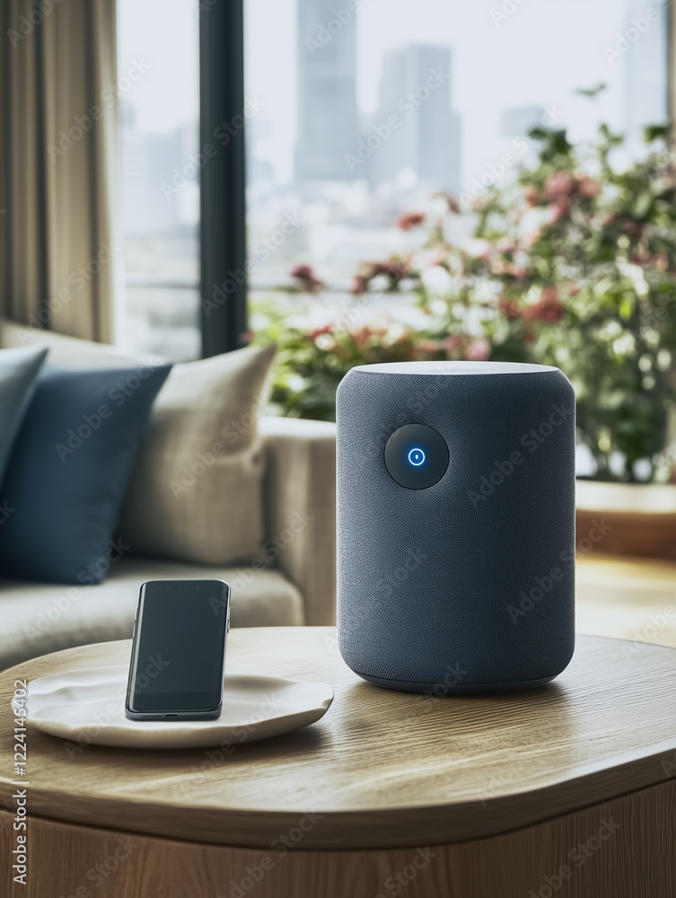 smart speaker on a table in a living room. The speaker is blue and has a white ring around the top. It is next to a phone that is sitting on a white charger. smart speaker on a table in a living room. The speaker is blue and has a white ring around the top. It is next to a phone that is sitting on a white charger.