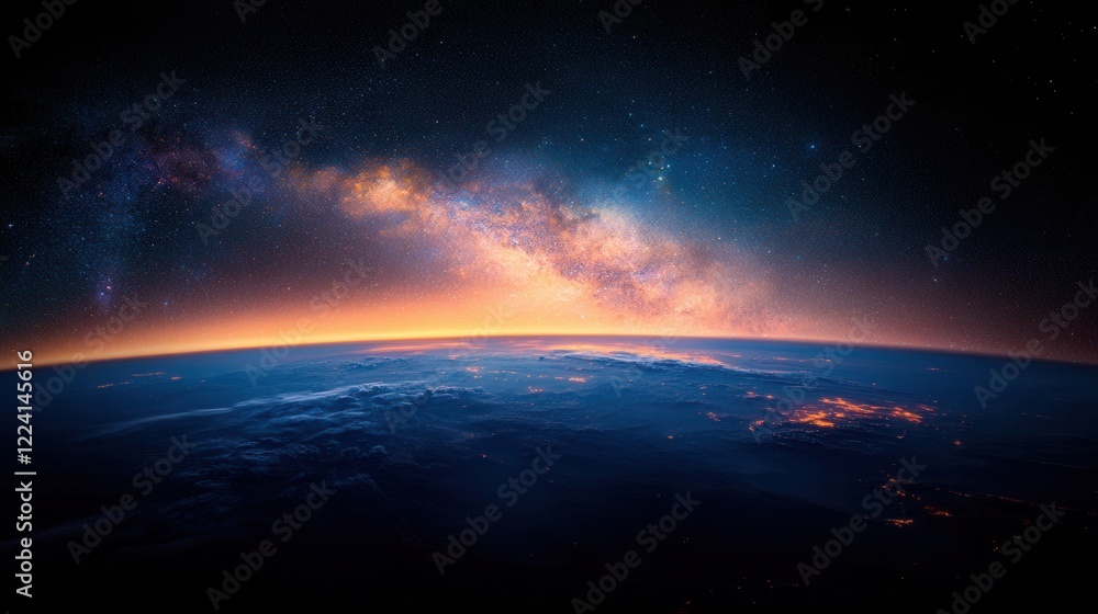 Fototapeta premium Stunning View of Earth and Milky Way Galaxy During Nighttime with Starry Sky and Horizon