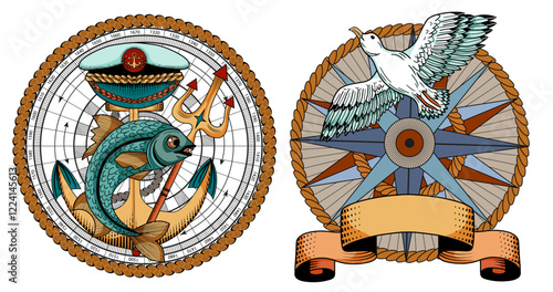 Colorful design vector set with marine emblems of anchor with fish and compass with sea gull and vignette banner. Vintage transportation and old adventures concept isolated on white.