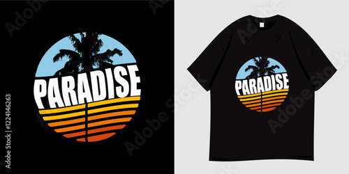 Summer beach graphic t-shirt design. Vector apparel illustration with palm tree, sunset, ocean, tropical and vacation symbols. Ready to print for t-shirts, apparel, tees, clothing and fashion.