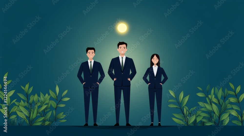 Fototapeta premium Three business professionals silhouetted against a majestic full moon, symbol of future opportunities