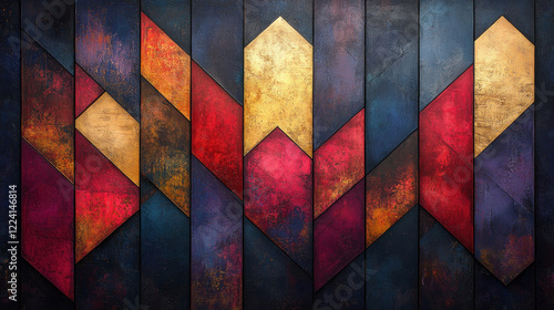 A geometric wallpaper featuring angular, tessellated patterns in rich jewel tones and metallic accents