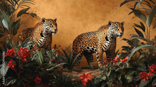 A jungle animal wallpaper featuring jaguars and tropical plants in a vibrant rainforest scene photo