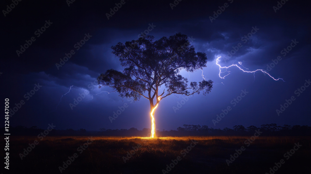 Fototapeta premium A lightning strike hitting a tall tree, illuminating the stormy sky around it