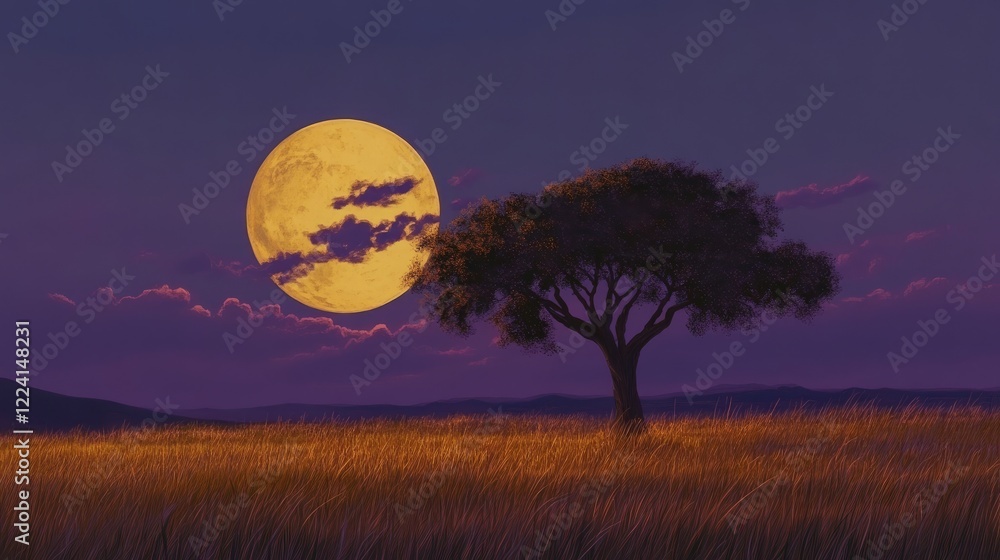 Obraz premium A stunning savanna scene at dusk with golden hues transitioning into deep purple as a massive moon rises behind a solitary acacia tree, creating a serene atmosphere