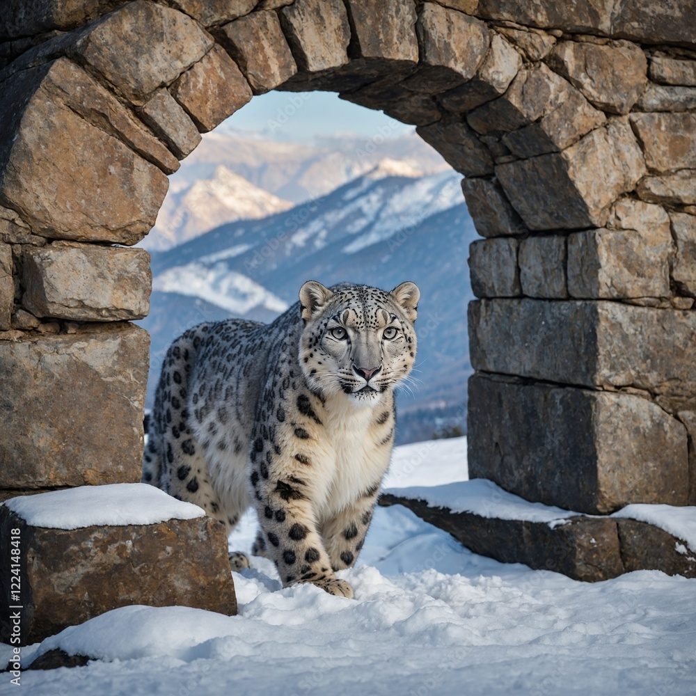 A snow leopard framed by the arches of a natural, snow-covered stone bridge. A snow leopard framed by the arches of a natural, snow-covered stone bridge.