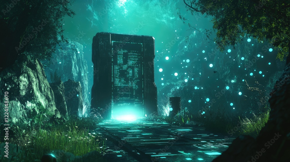 A surreal sci-fi environment featuring floating code and a glowing gateway to a digital realm, representing the future of technology and virtual worlds A surreal sci-fi environment featuring floating code and a glowing gateway to a digital realm, representing the future of technology and virtual worlds