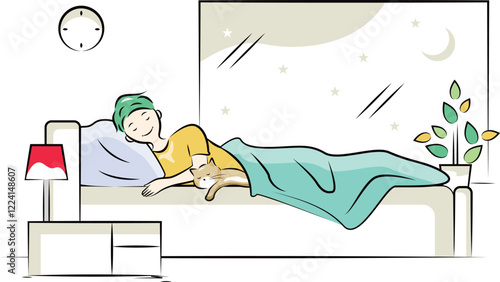 ベッドでぐっすり眠る男性(パパ)と猫｜家族シリーズ
