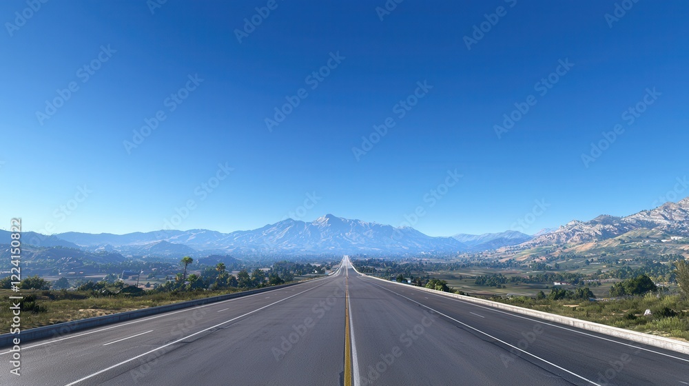 Naklejka premium Long winding road leading through a scenic landscape with a mountain range in the background on a clear day