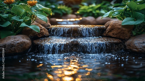 Fototapeta Naklejka Na Ścianę i Meble -  Serene garden waterfall at sunset, plants, tranquility