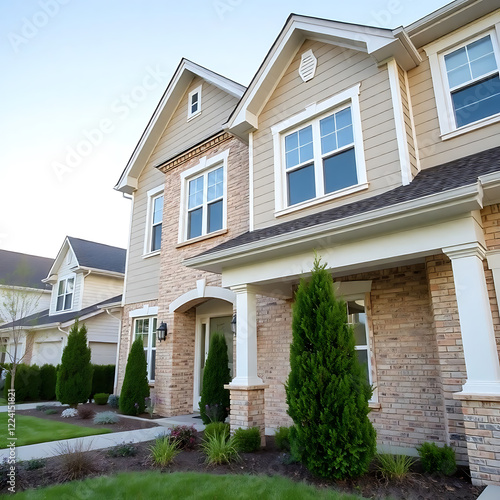 Luxury Suburban Home: Brick Facade, Modern Design, Landscaped Gardens