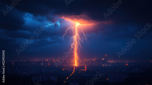 Lightning bolts striking the ground near a city skyline, lighting up the dark sky photo