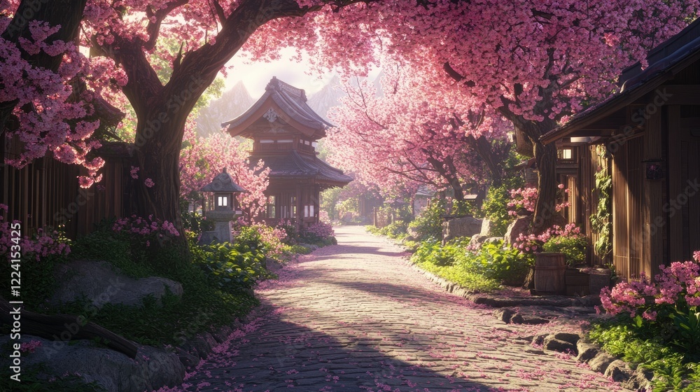 Beautiful springtime alley surrounded by pink cherry blossoms, peaceful and enchanting. Beautiful springtime alley surrounded by pink cherry blossoms, peaceful and enchanting.