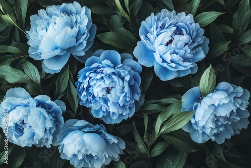 Fototapeta Naklejka Na Ścianę i Meble -  A romantic bouquet of blue peonies surrounded by green leaves, creating a soft and elegant floral frame.