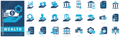 WEALTH MANAGEMENT ICON SET with financial, payment, card payment, banking, mobile banking, account, financial growth, deposit, financial service and personal loan