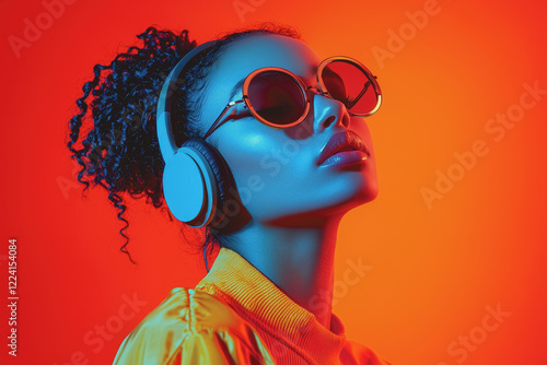 Woman wearing headphones and sunglasses enjoying music outdoors in a sunny environment with a relaxed and carefree attitude captured in a vibrant lifestyle setting photo