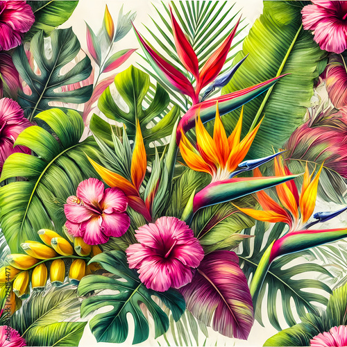 Wallpaper Mural A contemporary watercolor painting of tropical flowers and leaves, perfect for adding a touch of elegance to any space. Torontodigital.ca