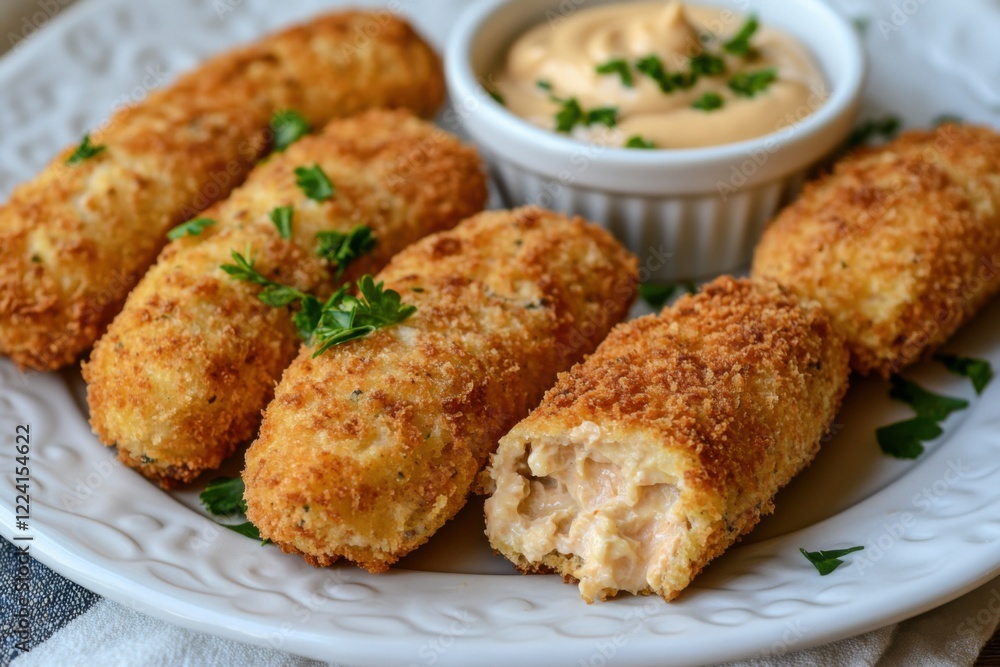 Crispy croquettes served on plate with dipping sauce, promoting appetizers, snacks or homemade recipes Crispy croquettes served on plate with dipping sauce, promoting appetizers, snacks or homemade recipes