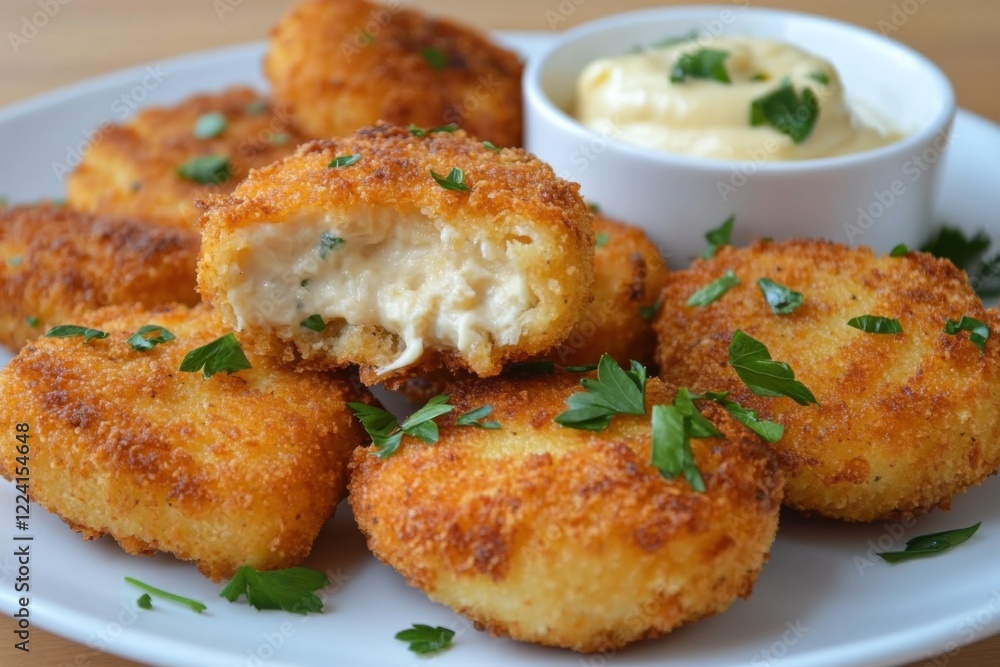 Golden chicken croquettes on plate with sauce and garnish, promoting savory snacks, appetizers or finger food Golden chicken croquettes on plate with sauce and garnish, promoting savory snacks, appetizers or finger food