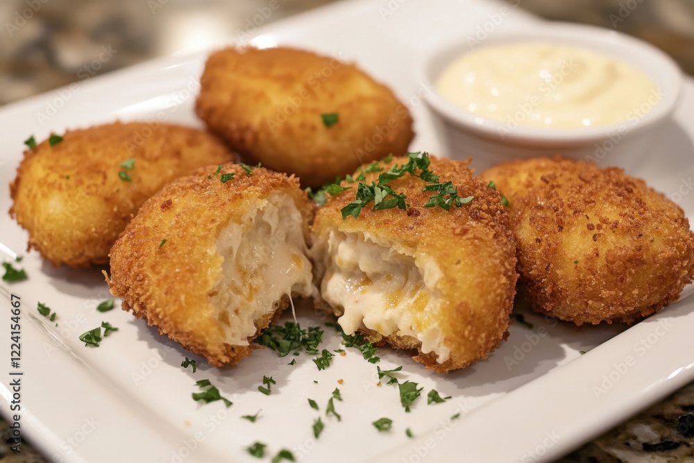Close-up of crispy croquettes on plate with sauce, promoting snacks, homemade recipes or appetizers Close-up of crispy croquettes on plate with sauce, promoting snacks, homemade recipes or appetizers