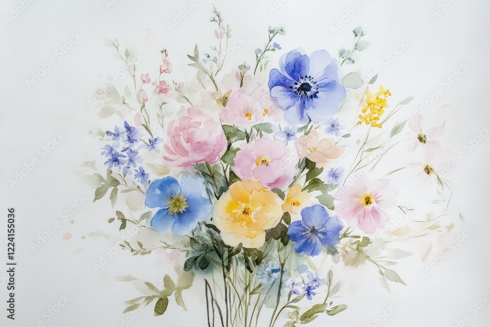 Obraz premium A romantic collection of watercolor floral bouquets with pastel pink, blue, and yellow blooms, perfect for wedding stationery.