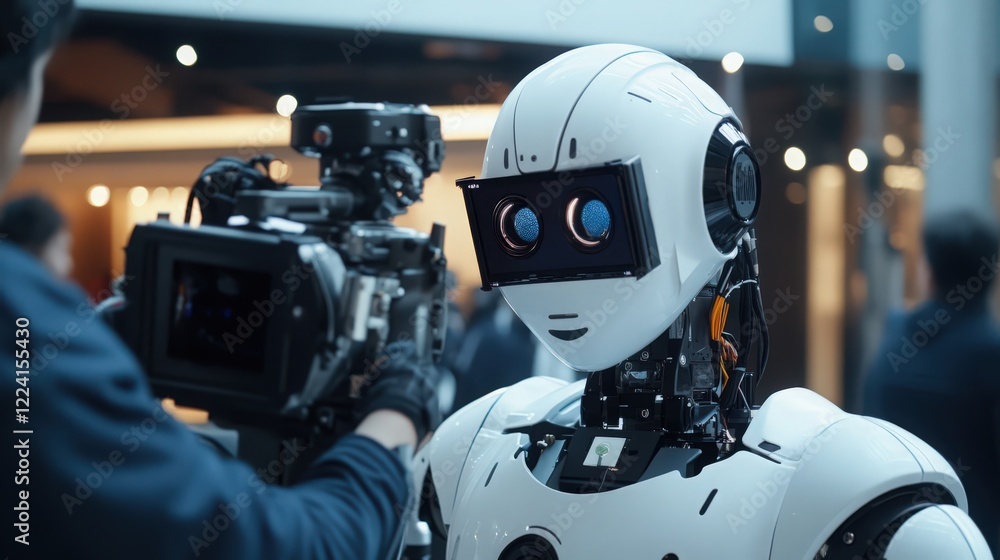 Robot in the Spotlight: A futuristic scene of a robot being filmed by a camera crew in an indoor space Robot in the Spotlight: A futuristic scene of a robot being filmed by a camera crew in an indoor space