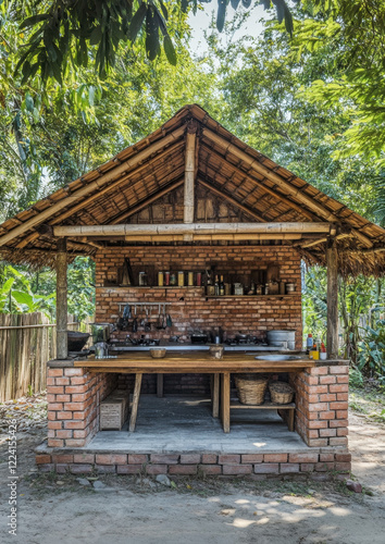 A traditional wooden house in the forest surrounded by trees, rocks, and nature, with a small pavilion, perfect for a tropical summer village getaway
