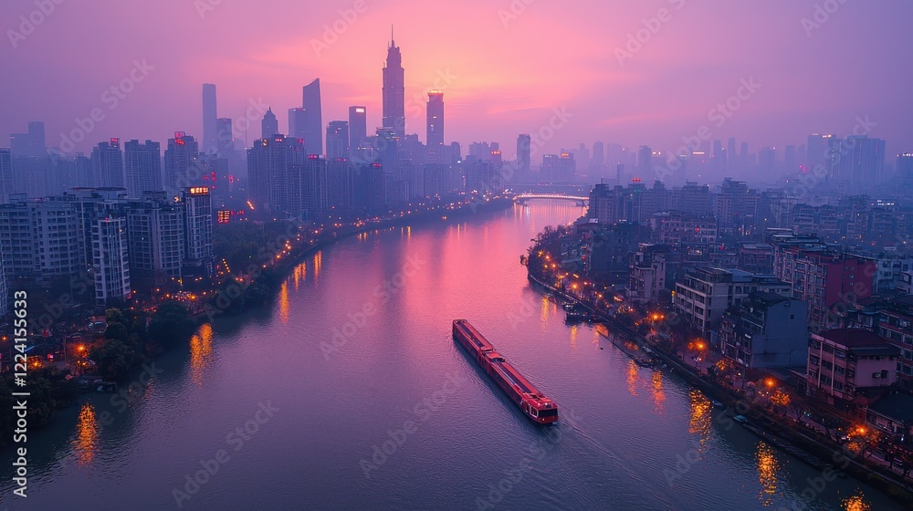 Fototapeta premium Serene Cityscape at Dawn: A Boat Navigates the Purple River