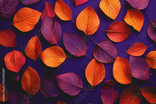 Colorful autumn leaves arranged on a vibrant purple background creating a visually striking natural pattern and texture for design purposes