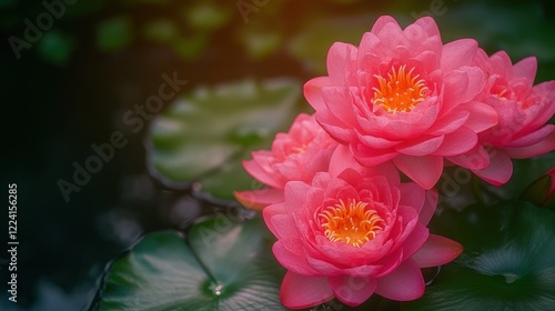 Beautiful Pink Lotus Flowers Blooming on Green Lily Pads in a Serene Pond Environment photo