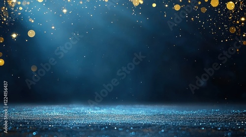 Dark blue background with gold and silver glitter particles creating a shimmering effect