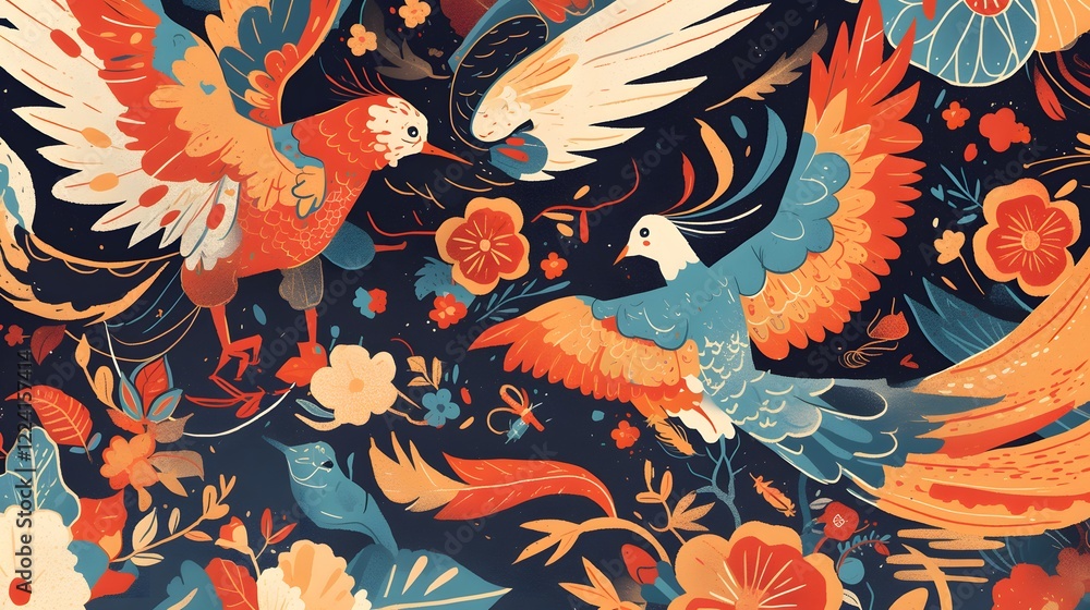 Folk art-inspired illustration featuring intricate patterns and vibrant colors for a traditional aesthetic Folk art-inspired illustration featuring intricate patterns and vibrant colors for a traditional aesthetic