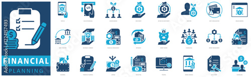 FINANCIAL PLANNING ICON SET with fintech, cash withdrawal, crowdfunding, investment, return on investment, investor, debt consolidation, online banking, bank transfer and insurance company