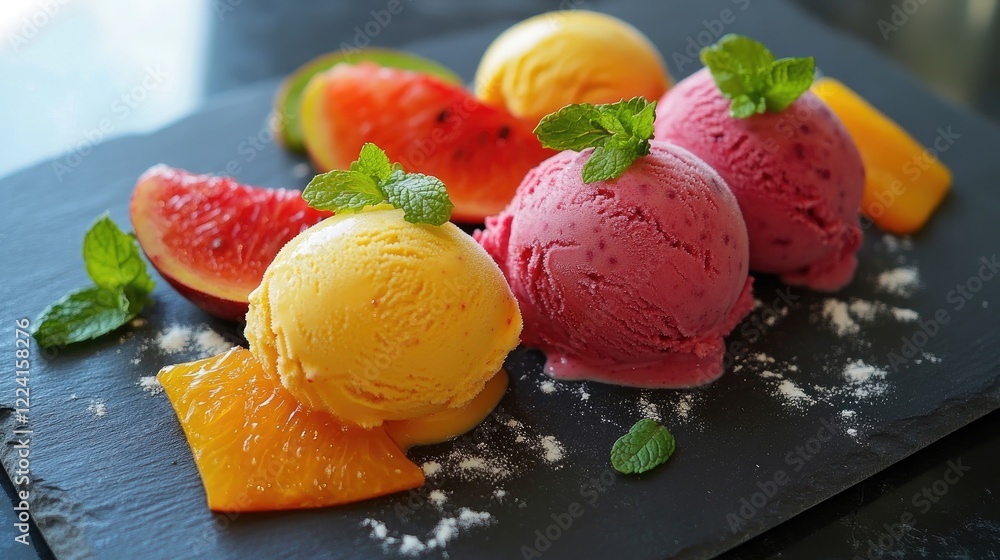 Colorful fruit ice cream scoops served on a slate board, garnished with mint leaves and fruit slices, creating an appetizing and refreshing visual for summer desserts Colorful fruit ice cream scoops served on a slate board, garnished with mint leaves and fruit slices, creating an appetizing and refreshing visual for summer desserts