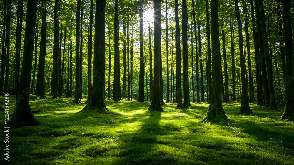 Fototapeta premium Tranquil green forest with tall trees and sun shining through leaves creating a serene scene : Generative AI