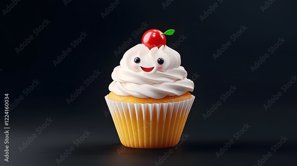 Cute Cartoon Cupcake with Cherry - 3D Renderings Cute Cartoon Cupcake with Cherry - 3D Renderings