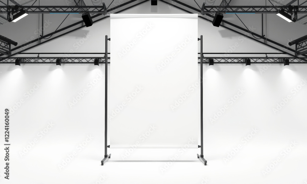 blank banner stand mockup in spacious, well lit studio setting, ideal for showcasing designs or advertisements. minimalist design emphasizes versatility and creativity blank banner stand mockup in spacious, well lit studio setting, ideal for showcasing designs or advertisements. minimalist design emphasizes versatility and creativity