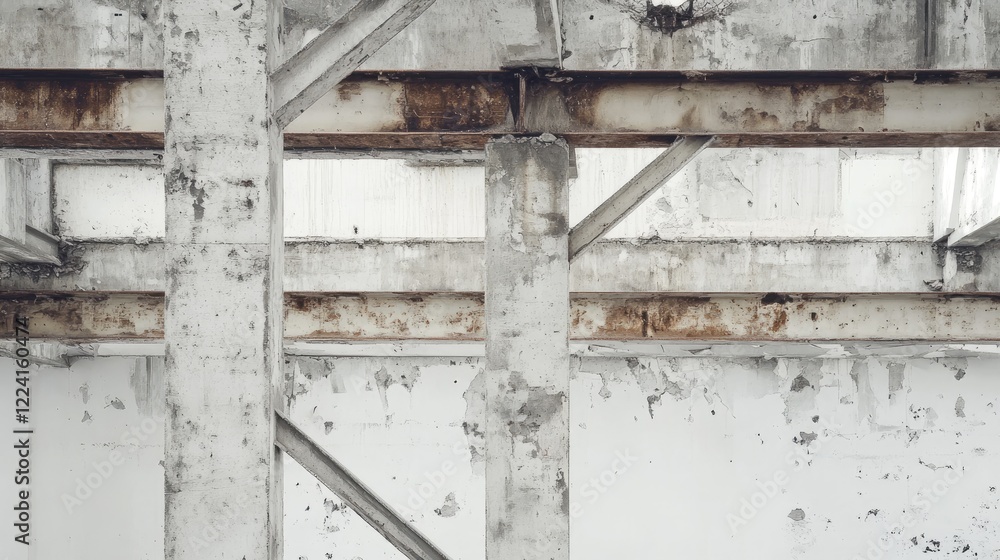 Exposed beams and shattered concrete from a destroyed building, photographed with a white backdrop, creating an industrial, raw aesthetic focused on decay and destruction Exposed beams and shattered concrete from a destroyed building, photographed with a white backdrop, creating an industrial, raw aesthetic focused on decay and destruction