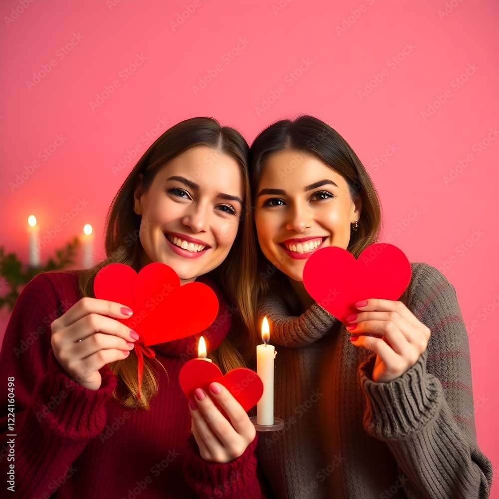 Two sisters are smiling on valentine's day Two sisters are smiling on valentine's day