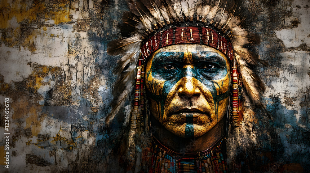Portrait of Indigenous Man with Tribal Face Paint against Textured Background : Generative AI Portrait of Indigenous Man with Tribal Face Paint against Textured Background : Generative AI