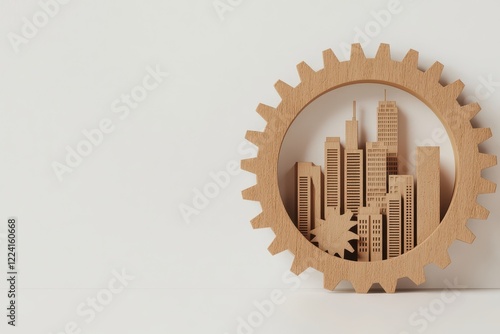 A circular gear frame showcases a detailed city skyline crafted from wood, symbolizing industry and urban development. photo